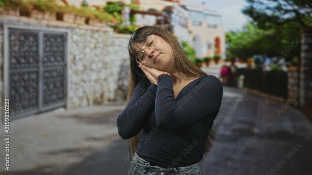 Fototapeta premium Young woman with glasses and gold necklace stretches arms wide and tilts head back on a sunlit stone street while clapping and resting her head on hands; calm contentment.