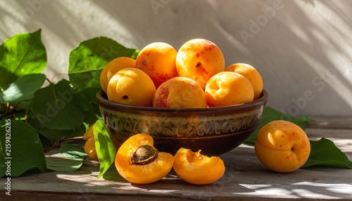 Fresh apricots in a wooden bowl with green leaves.
