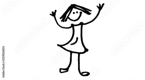 Happy Woman Stick Figure Doodle Celebrating on White Background

