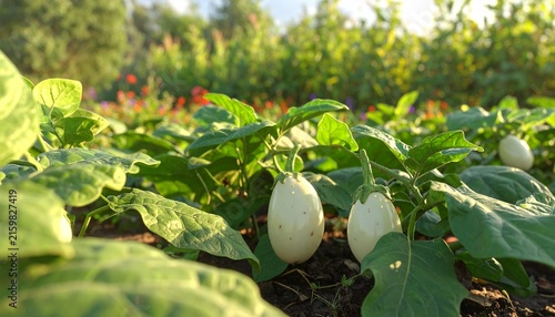 Fresh green eggplants growing in organic garden.