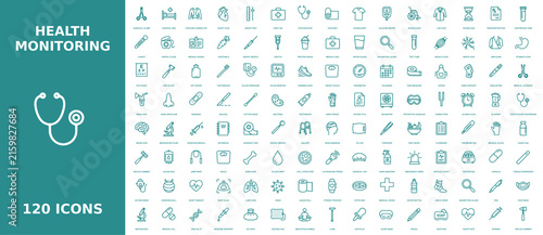 Comprehensive collection of health monitoring line icons for medical diagnostics fitness tracking and healthcare technology application design