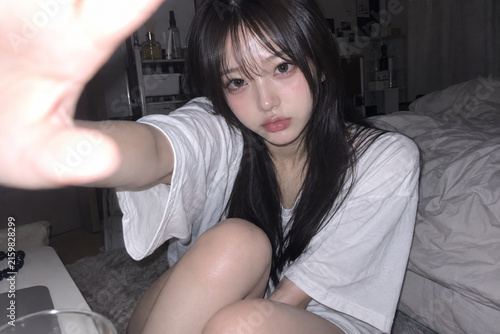 白いTシャツでベッドに座り手を伸ばす女性