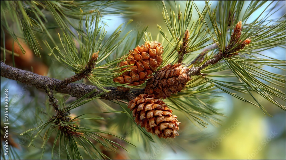 Obraz premium Close-up pinecone clinging to a lush evergreen branch in a serene forest setting, perfect for nature and botanical decor inspiration