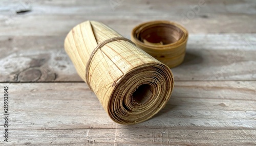 Handcrafted Bamboo Roll and Bowl on Wooden Surface.