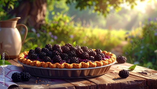Fresh Blackberry Pie on Rustic Wooden Table Outdoors.