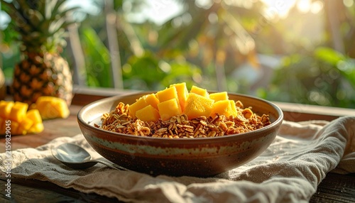 Fresh pineapple and granola in wooden bowl on table.