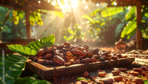 Fresh cacao beans drying in tropical sunlight forest.
