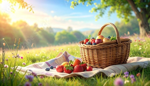 Fresh strawberries in a wicker basket on a picnic blanket in a sunny meadow.