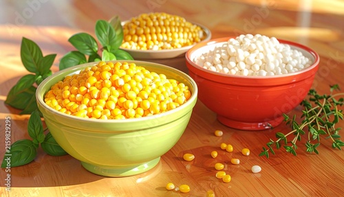 Colorful bowls of corn kernels and rice on wooden table.