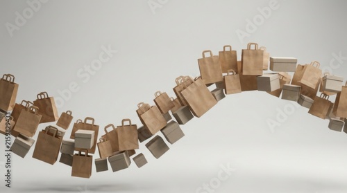 Curved Wave of Shopping Bags and Packages Floating on White Background