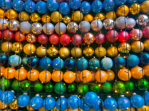 Christmas background with colorful Xmas and New Year glass ball decoration
