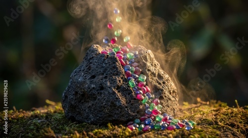 Surreal Colorful Crystal Flow Emerging From Dark Rock in Forest