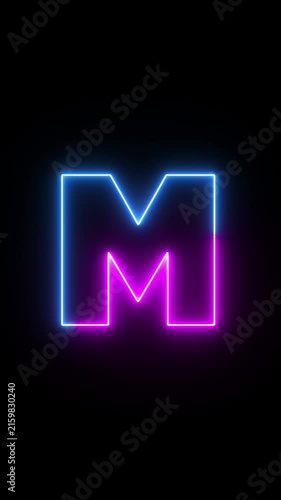Neon Glowing Letter M Icon Isolated Dark Background, Vertical Video