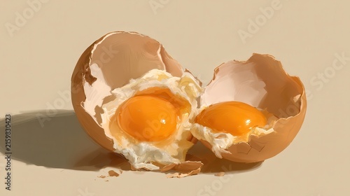 Fresh cracked egg with bright orange yolk and white albumen in shell. Perfect for breakfast food concepts.