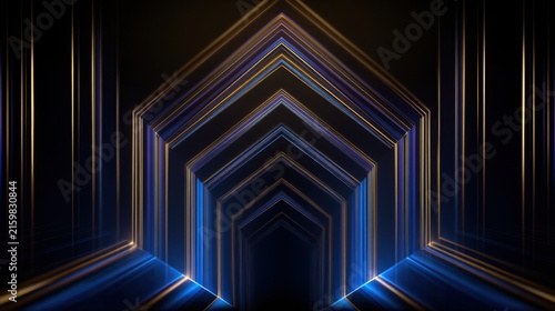 Futuristic art deco background made from thin glowing laser lines forming symmetrical stepped geometric patterns, vivid electric blue, violet