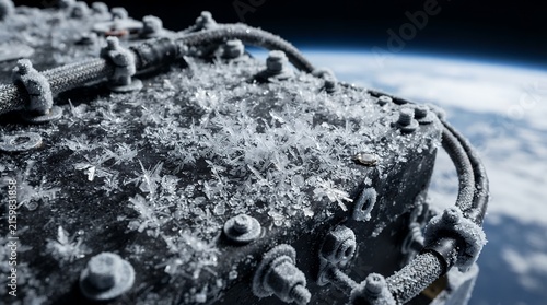 Close-up macro frost crystals forming on insulated lithium battery surface in extreme cold conditions