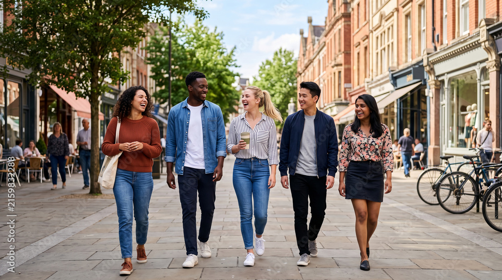 Fototapeta premium Diverse group of friends walking on a street, showcasing happiness and connection, representing friendship and urban lifestyle