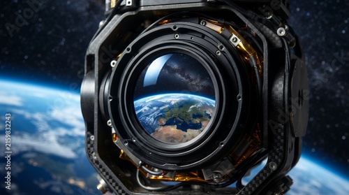 Precision satellite camera lens reflecting Earth horizon and stars in deep space orbit.