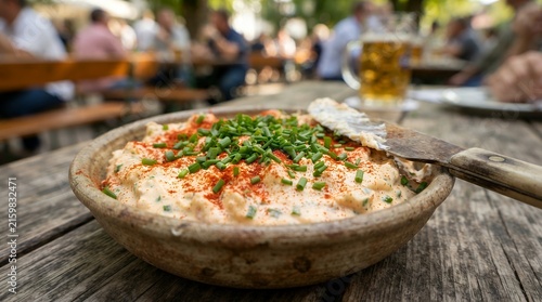 Close-up of creamy Bavarian Obatzda cheese spread garnished with chives and paprika in rustic setting