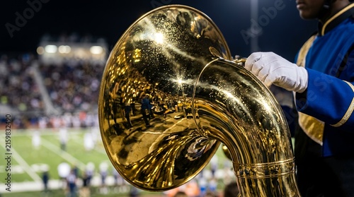 Polished gold tuba bell reflecting stadium lights during halftime football performance by marching band musician