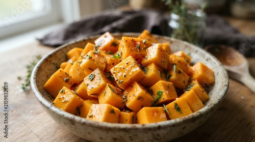 Fresh butternut squash cubes tossed in olive oil and herbs ready for roasting or cooking