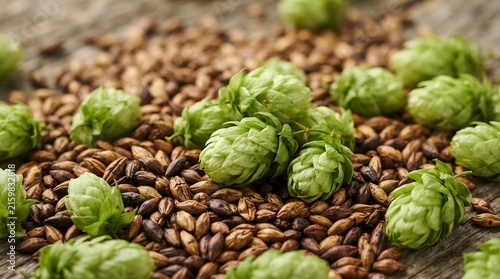 Fresh green hop cones and roasted barley malt grains for craft beer brewing ingredients.
