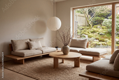 A minimalist living room with beige sofas, a round wooden coffee table, and large window overlooking a lush garden. Japandi interior design creating a peaceful, warm atmosphere