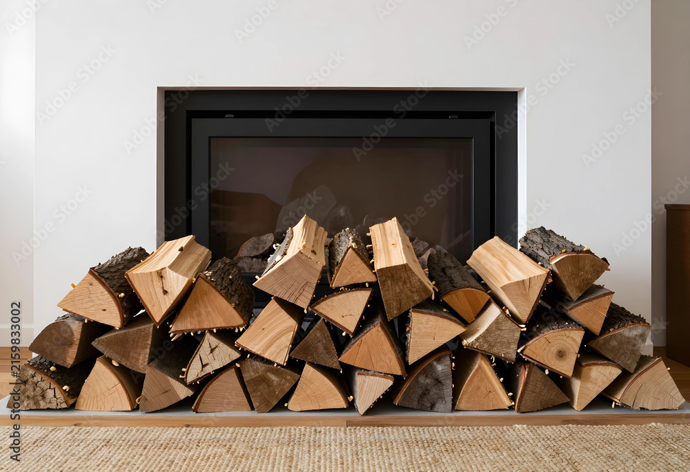 Naklejka premium Cozy home interior with stacked firewood by a modern fireplace, warmth and comfort for winter season