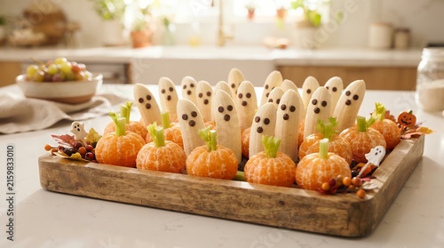 Halloween fruit platter with banana ghosts and tangerine pumpkins on a wooden tray