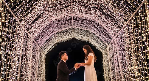 A romantic proposal under a magical tunnel of glowing lights at night.
