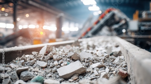 Modern construction waste recycling facility, close up of crushed concrete, bricks and reclaimed building materials on an automated sorting conveyor