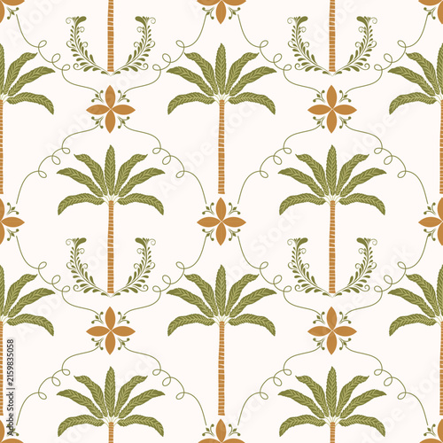 Tropical Palm Tree Botanical Seamless Pattern with Floral Details