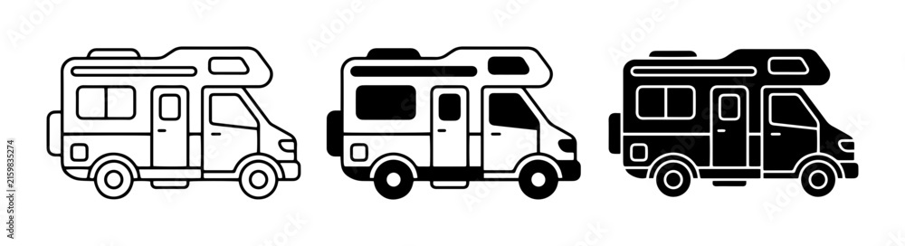 Fototapeta premium RV Icons Set, Motorhome Vector Graphics, Camper Van Illustrations, Travel Vehicle Line Art