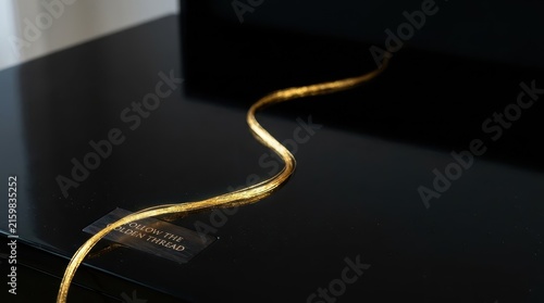 A Winding Golden Thread on a Smooth Black Surface, Illuminated and Reflective