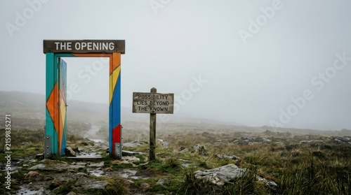 A wooden signpost and colorful archway frame a foggy mountain landscape, beckoning toward possibility and adventure.