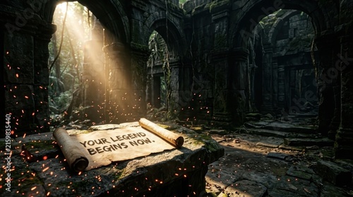 An ancient scroll with the message 'Your Legend Begins Now' lies bathed in sunlight within overgrown temple ruins, inviting adventure and discovery.