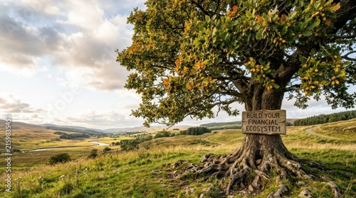 An ancient, strong tree with weathered roots and a sign about building a financial ecosystem stands in a serene, rolling landscape.