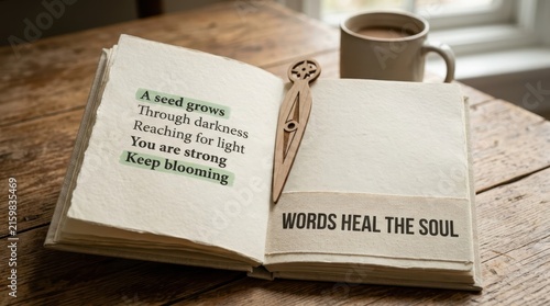 An open book with inspirational words and a wooden bookmark, alongside a warm cup of coffee on a wooden table.