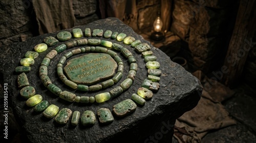 Ancient green stone beads and artifacts arranged in a circular pattern on a dark textured surface, illuminated by soft, warm light.