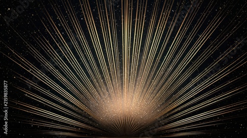 Spectacular art deco digital sunburst background, hundreds of thin luminous golden rays radiating symmetrically from one side, subtle AI data
