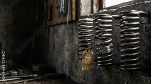 Close-up view of aged industrial metal springs with a vintage tag in a workshop setting