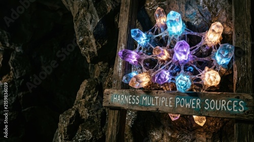 Colorful crystal-shaped lights illuminating a rustic wooden sign with an inspiring message