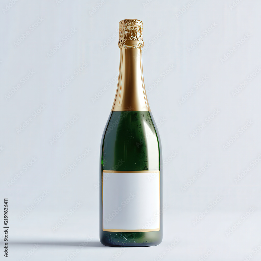 Fototapeta premium A bottle of champagne with a golden cap and blank label sits on a light blue background.