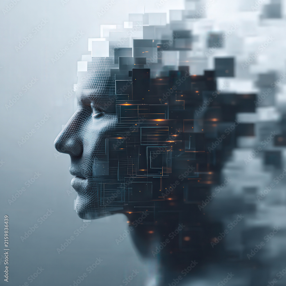 © Pedro - A digital consciousness, represented by a human head dissolving into a mosaic of abstract digital squares, embodies the essence of artificial intelligence and the future of technology. © Pedro - A digital consciousness, represented by a human head dissolving into a mosaic of abstract digital squares, embodies the essence of artificial intelligence and the future of technology.