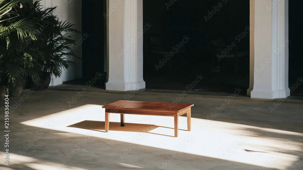 Fototapeta premium Empty wooden table illuminated by a rectangular patch of sunlight on a concrete floor, framed by white columns and dark shadows