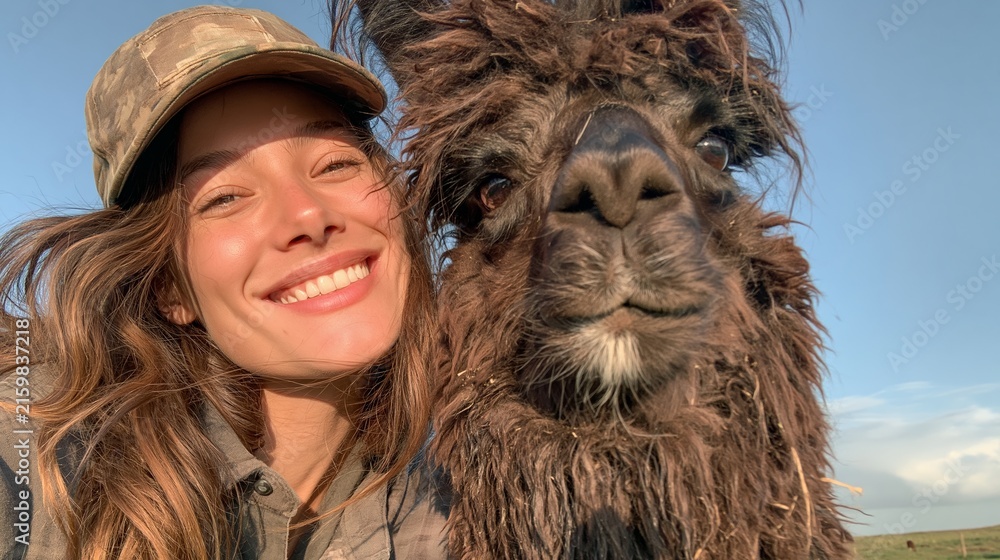 Naklejka premium Woman in a baseball cap smiling, capturing a playful moment with a fluffy brown alpaca, expressing companionship and happiness