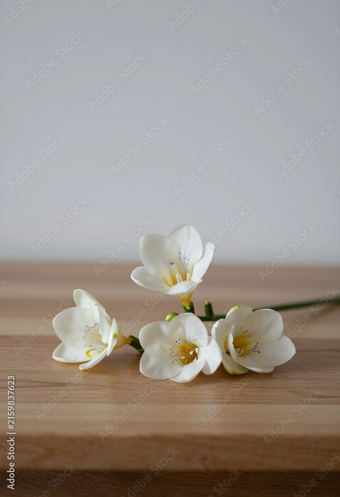 Fototapeta premium White freesia flowers on wooden table, spring and freshness concept, natural beauty and delicate floral arrangement