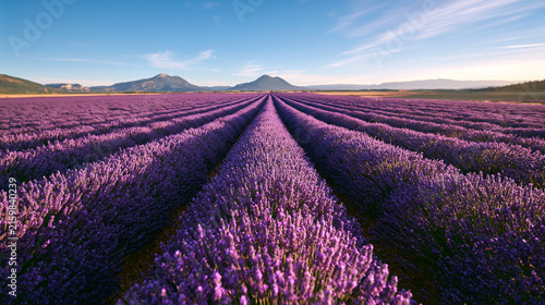 Blooming Purple Lavender Field Rows with Distant Mountains