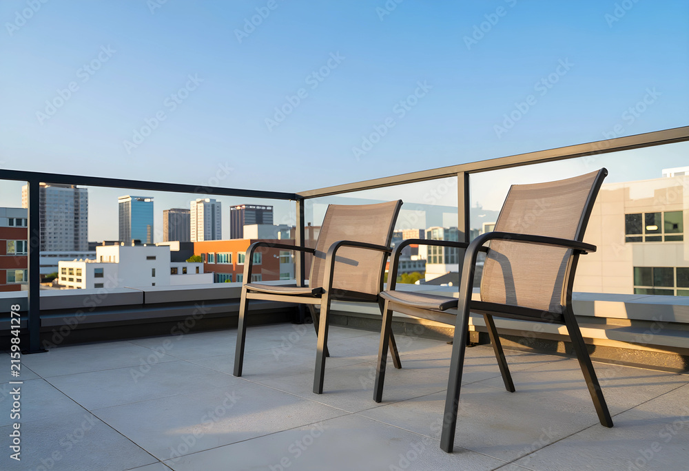 Fototapeta premium Urban rooftop terrace with empty chairs, city skyline view, outdoor living and modern architecture design