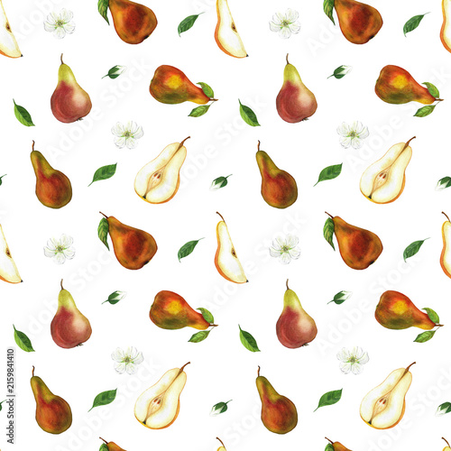 A seamless watercolor pattern with pears and white flowers, an illustration for packaging, tableware, towels, and design